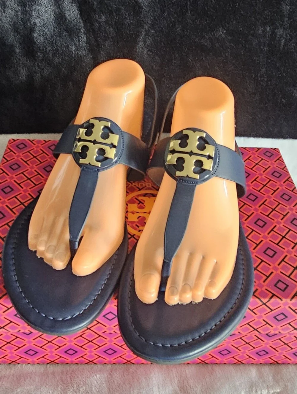 Tory Burch Navy Leather Miller Thong Sandals with Gold Logo- Size 11